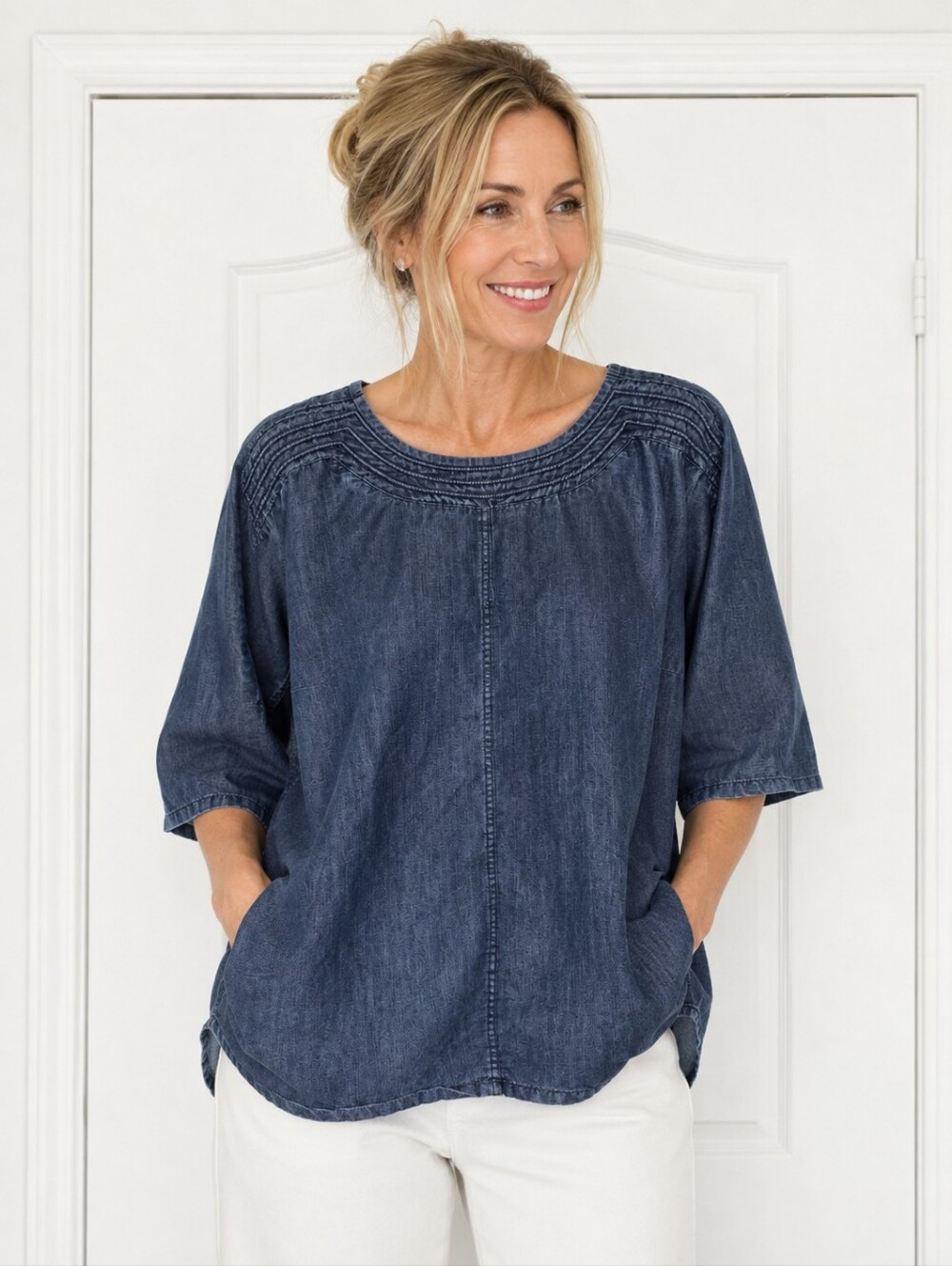 Martha Stewart Womens Plus Blue Denim Blouse Top Size 2X 3/4 Sleeve Chambray
